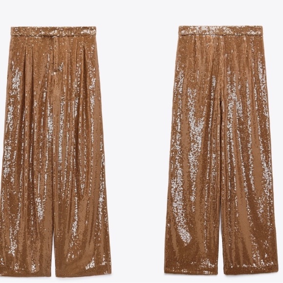 ZARA Copper Brown Sequin Pleated Wide Leg Pants - Picture 2 of 15